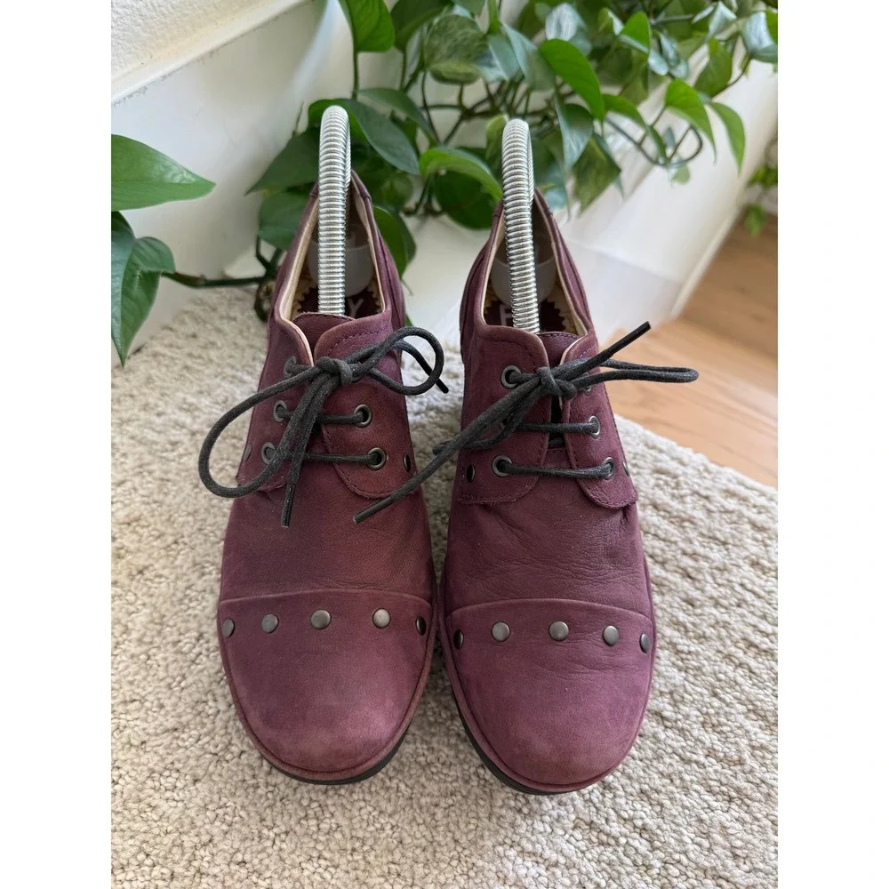 Fly London Yoti Plum Nubuck Studded Wedge Oxfords 38 US 7.5-8 Artisan